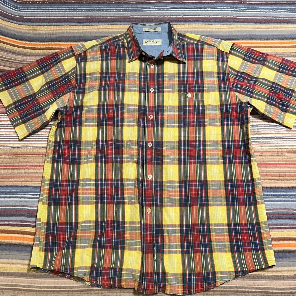 Orvis Men's Plaid Short‎ Sleeve Button Down Shirt Size L 100% Cotton Casual